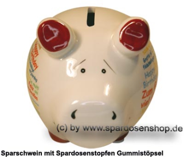 Sparschwein Kleinsparschwein Happy Birthday international weiß Keramik B