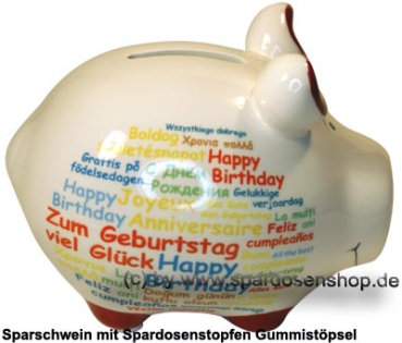 Sparschwein Kleinsparschwein Happy Birthday international weiß Keramik C