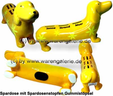 Spardose Spartier Spardackel gelb mit Design - Sonne - Strand - Meer - Keramik Gesamt B