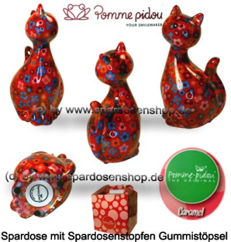 Spardose Spartier Pomme Pidou Katze Caramel rot mit Blumen Keramik Gesamt