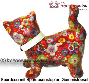 Spardose Spartier Pomme Pidou Katze Kitty rot mit Blumen Keramik C