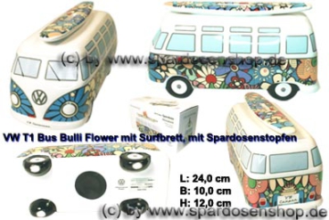 Spardose Auto VW T1 Samba Bus Bulli Flower mit Surfbrett Gesamt