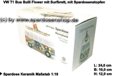 Spardose Auto VW T1 Samba Bus Bulli Flower mit Surfbrett Verpackung