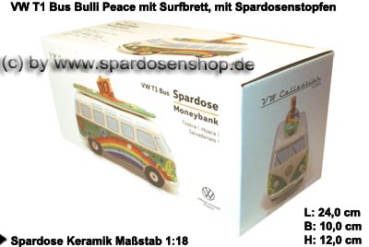 Spardose Auto VW T1 Samba Bus Bulli Peace mit Surfbrett Verpackung