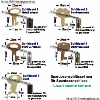 Auswahl einzelner Metall- Spardosenschlüssel