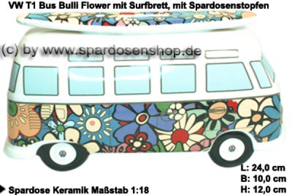 VW Bus Spardose Keramik im Flower-Design / Blumenmuster / Hawaii - K68